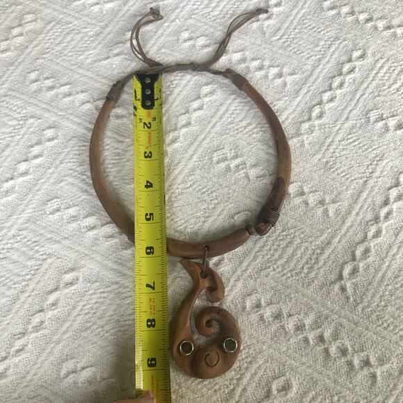 Handmade Carved Wood Pendant Necklace Adjustable Cord Boho 3" Charm Hippie - Picture 8 of 8